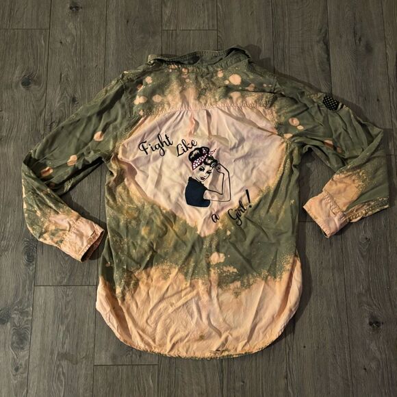 Women’s Fight Like a Girl Tie Dye button down Shirt Top Blouse Orange‎ Green XXL - Picture 1 of 4